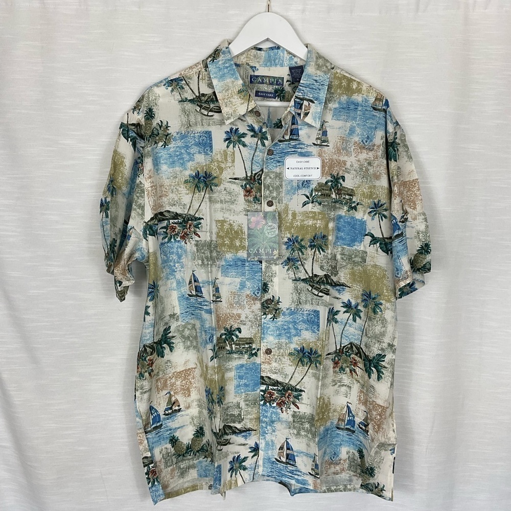 Campia - tan, blue, palm trees sail boat short sleeve rayon shirt